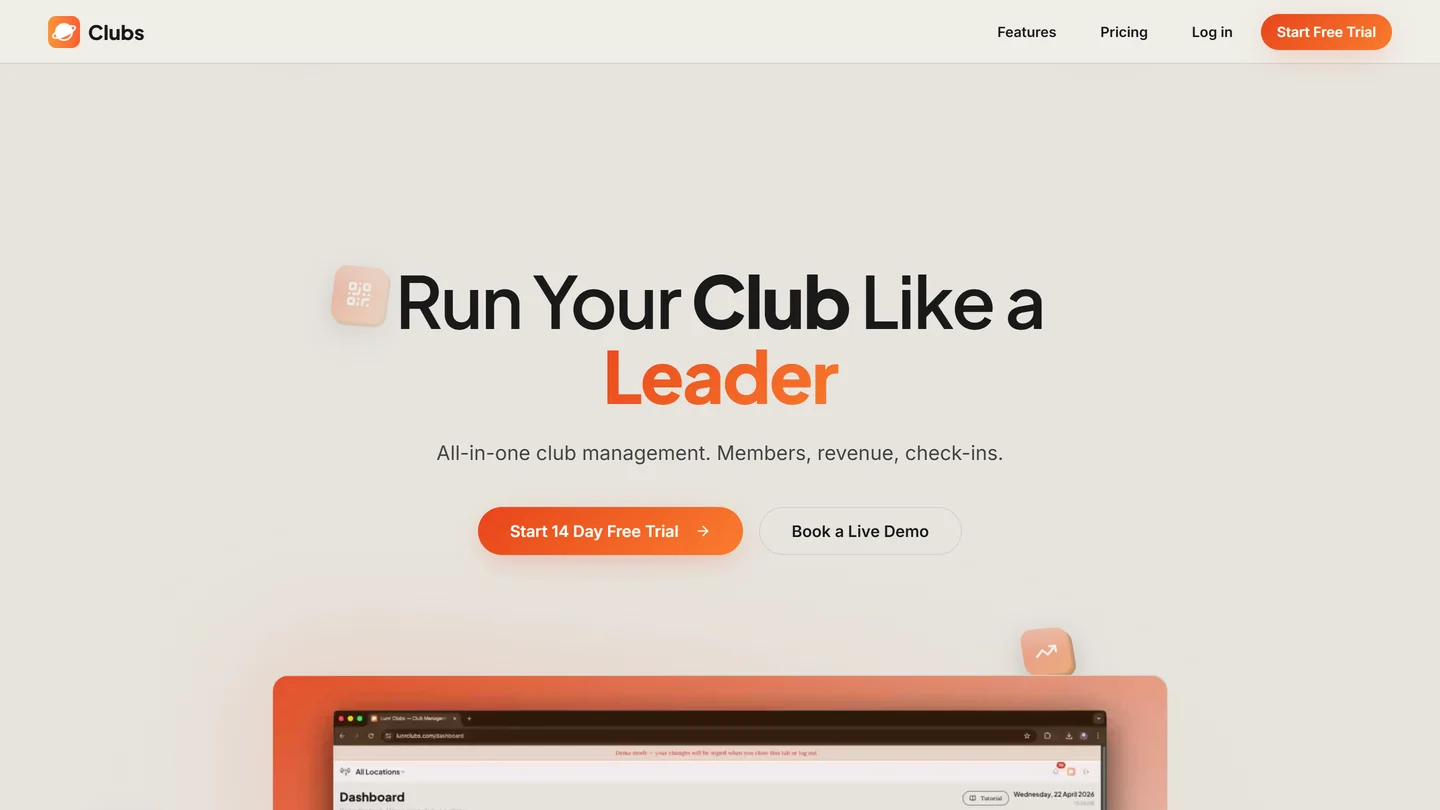 The Lunr Clubs website on a desktop screen, built by Lunr Launch