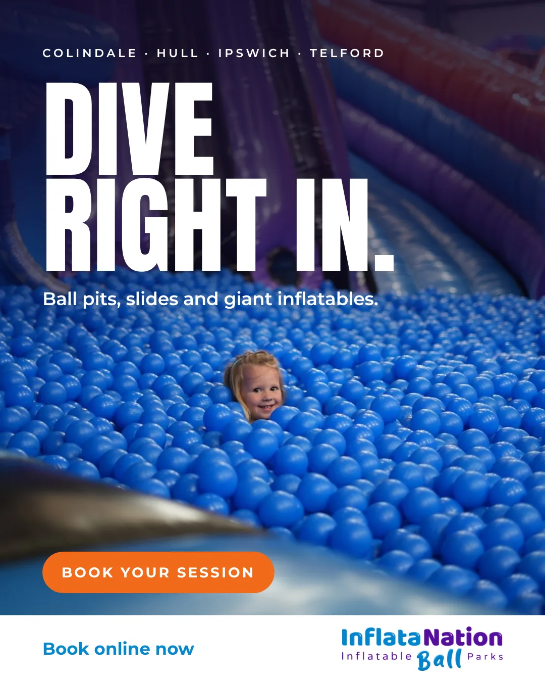 Meta ad by Lunr Launch for Inflata Nation: a child in a ball pit under the headline Dive right in, with a Book your session button