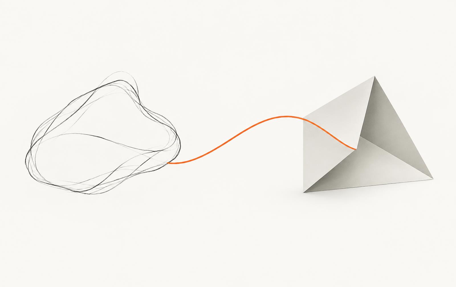A rough pencil sketch connected by a single orange line to a crisp folded paper form
